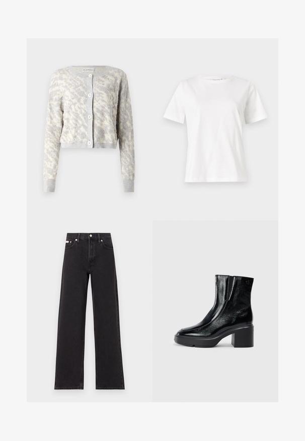 Light gray cropped cardigan with textured cream abstract pattern, featuring a button front and ribbed cuffs and hem.; White cotton t-shirt with short sleeves, round neckline, and a relaxed fit. Smooth texture, no patterns or accents, minimalistic design.; Black wide-leg jeans made of denim, featuring a high-rise waist, five-pocket styling, and a metal button closure with contrasting stitching.; Black patent leather ankle boots with a curved toe, elastic side panels, and a chunky block heel. Features embossed logo on the back.