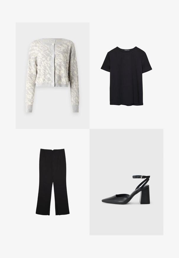 Světle šedý zkrácený kardigan s texturovaným krémovým abstraktním vzorem, doplněný o zapínání na knoflíky a žebrované manžety a lem.; Jednoduché černé bavlněné tričko s krátkým rukávem a kulatým výstřihem, vystavené na bílém pozadí.; Černé kalhoty s rovným střihem, s předními kapsami a bočními rozparky na lemu. Vyrobené z jemné, hladké tkaniny. Vhodné na různé příležitosti.; Černé kožené lodičky se špičatou špičkou, kotníkovým páskem a silným podpatkem. Hladká textura, elegantní design a minimalistická estetika.