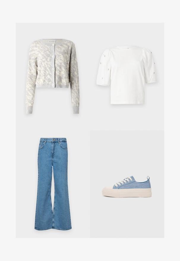 Light gray cropped cardigan with textured cream abstract pattern, featuring a button front and ribbed cuffs and hem.; White cotton t-shirt with short puff sleeves, featuring small silver embellishments along the sleeves. Classic round neckline, relaxed fit.; Light blue flared jeans made of denim, featuring a high waist, five pockets, and a single button closure. Soft texture with faded finish.; Light blue canvas sneakers with a cream rubber toe cap and outsole, featuring white laces and a pull tab on the heel.
