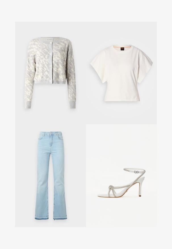 Heledhall halltooni lühike kardigan, millel on tekstuuriline koorikreemine abstraktne muster, nupuga esiosa ning ribaga mansetid ja alläär.; Valge lühikeste laiadte varrukatega lühike T-särk, pehme puuvillane materjal, ümar kaelus kergelt oranži ääristusega, minimaalne disain, ilma mustrite ja graafikateta.; Heledad helesinised teksad, mis on valmistatud denimist, kõrge vöökohaga, esikottidega ning toore äärtega sääreosas, et luua lõdvestunud välimus.; Valge kõrge kontsaga sandaal tekstuurse rihmaga, mis sisaldab sädelusi, avatud varba disain ja sääre rihm reguleeritava pandlaga.