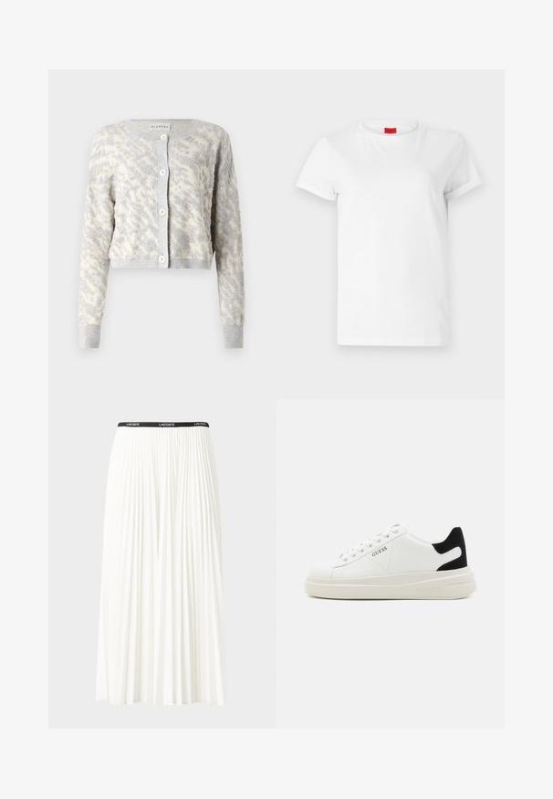 Světle šedý zkrácený kardigan s texturovaným krémovým abstraktním vzorem, doplněný o zapínání na knoflíky a žebrované manžety a lem.; Bílý tričko s krátkým rukávem vyrobené z lehké bavlny. Má kulatý výstřih a ohrnuté rukávy. Červená nášivka s logem na límci.; Záhybová bílá sukně s černým elastickým pasem s logem "LACOSTE". Suška je střední délky a má jemnou texturu.; Bílé kožené tenisky s tlustou bílou podrážkou, černým semišovým akcentem na patě a vyraženým logem na boku. Šněrovací design se šesti očka.