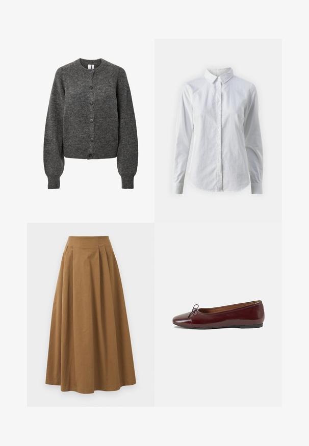 Mørkegrå ull cardigan med lange ermer, ribbede mansjetter, rund hals og seks knapper foran.; Hvit skjorte med knapper laget av glatt bomull, med klassisk krage, lange ermer og buet skjær. Knapper er små og hvite.; Brun bomull A-linje skjørt med høy midje, med folder foran og en jevn tekstur. Kantene er rene og enkle.; Burgunderrød lakk lær ballettleilighet med rund tå, liten sløyfe foran og en lav, svart gummisåle. Glatt tekstur.