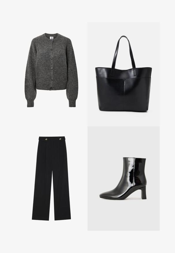 Cárdigan de lana gris oscuro con mangas largas, puños acanalados, cuello redondo y seis botones en la parte delantera.; Dos camisetas de manga larga, una negra y otra blanca, ambas con escote cuadrado y confeccionadas en un tejido suave y elástico.; Pantalones de pierna ancha negros con cintura alta, detalles de botones en la cinturilla y pliegues en la parte delantera.; Botín de charol negro con punta afilada y un tacón de bloque de altura media. Textura suave y diseño minimalista.; Bolso tote de cuero negro con dos asas largas, textura suave y forma estructurada. Cuenta con un bolsillo frontal para almacenamiento adicional.