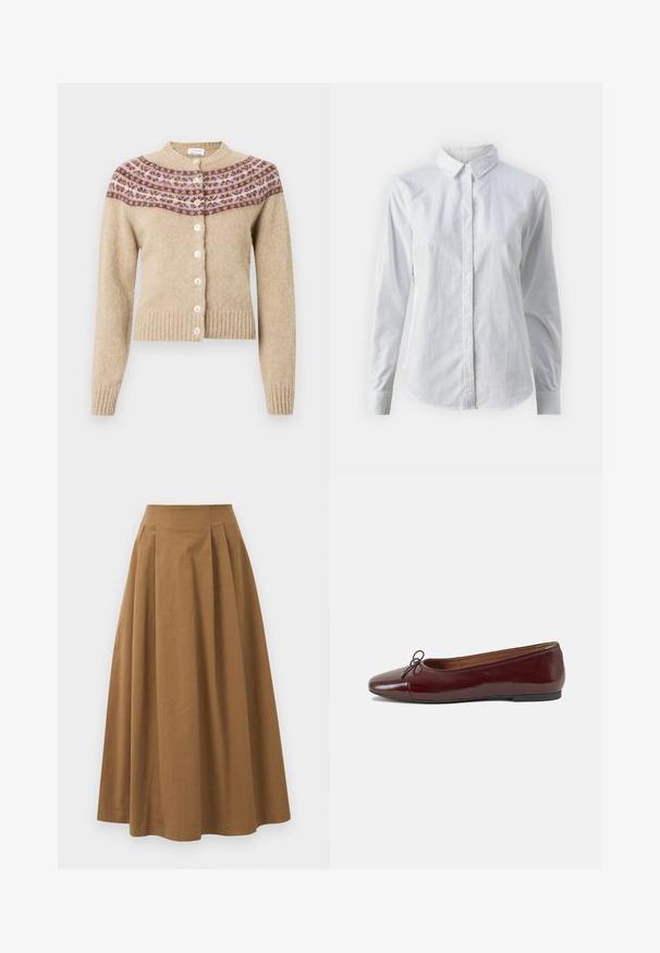 Beige kofta av mjukt material med mönstrad ok i brunt och lila, rund halsringning och sex knappar fram. Ribbad fåll och ärmslut.; Vit skjorta med knappar, tillverkad av mjuk bomull, med klassisk krage, långa ärmar och en böjd fåll. Knapparna är små och vita.; Brun bomull A-linje kjol med hög midja, med veck ned längs framsidan och en mjuk textur. Sömmen är ren och enkel.; Burgunderfärgad lackläderballettskor med rund tå, liten rosettdekoration fram och en låg, svart gummisula. Slät textur.