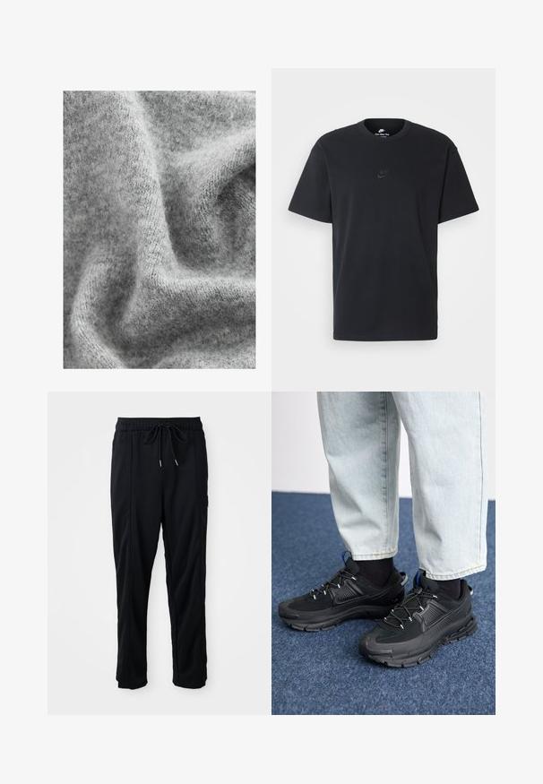 Grått stickat tyg med en mjuk, texturerad yta som har subtila nyansvariationer och en något fluffig framtoning.; Svart t-shirt i bomull från Nike med klassisk rund halsringning, korta ärmar och en diskret, präglad logotyp på bröstet. Slät textur.; Svarta byxor med dragsko i midjan, avslappnad stil, med sidfickor och rak benklippning på en plain bakgrund.; Svarta sportskor med texturerat tyg och gummisulor, med elastiska snörningar och en blå detalj på hälen. Bärs med ljusa jeans.