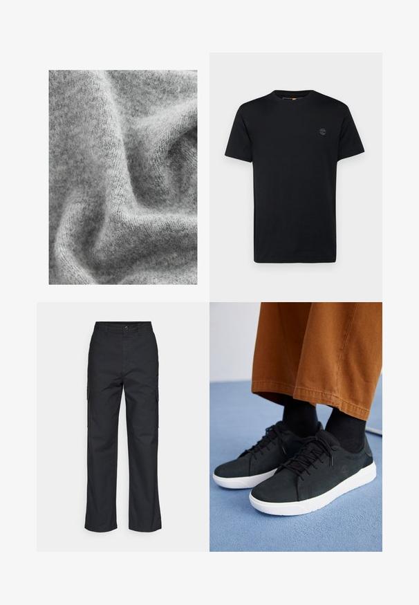 Gray knit fabric featuring a soft, textured surface with subtle variations in shade and a slightly fuzzy appearance.; Black cotton t-shirt with a crew neckline, short sleeves, and a small, embroidered logo on the chest. Smooth texture, classic fit.; Black cargo pants with a straight-leg design, featuring side pockets and a textured fabric. Button closure at the waist for a secure fit.; Black suede sneakers with white rubber soles, featuring lace-up design, textured accents, and subtle branding, paired with brown pants.