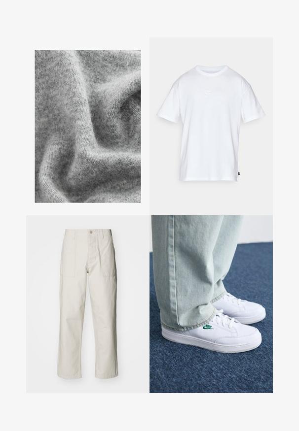 Hallitus hallitav kangas, millel on pehme tekstuur ja kerge varjude varieerumine, samuti veidi udune välimus.; Valge puuvillane t-särk lühikeste varrukatega ja ümmarguse kaelusega. Sellega on kaasas väike, tagasihoidlik Nike logo rinnal ja külgmine silt.; Heledbeez värvi laiad püksid, mis on valmistatud puuvillast. Omavad esi-taskuid ja nupuga sulgemist. Sile tekstuur, millel on õrnad vertikaalsed jooned.; Valged nahast tennisetossud rohelise Nike logo ja ümarate varvastega, lamedate taldadega, koos helesiniste teksapükstega, esitatud sinisel vaibal.