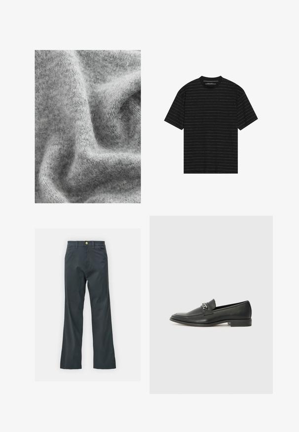 Tessuto di maglia grigia con una superficie morbida e texturizzata, caratterizzato da sottili variazioni di tonalità e un aspetto leggermente peloso.; T-shirt nero a maniche corte con sottili righe orizzontali bianche. Realizzato in tessuto morbido con scollatura rotonda e vestibilità comoda.; Pantaloni neri con taglio dritto, realizzati in tessuto misto cotone. Presentano una chiusura con bottone metallico e tasche laterali. Nessun motivo visibile.; Mocassino in pelle nera con finitura liscia, caratterizzato da un design cucito e da un accento decorativo in catena metallica sul vamp. Tacco piatto.