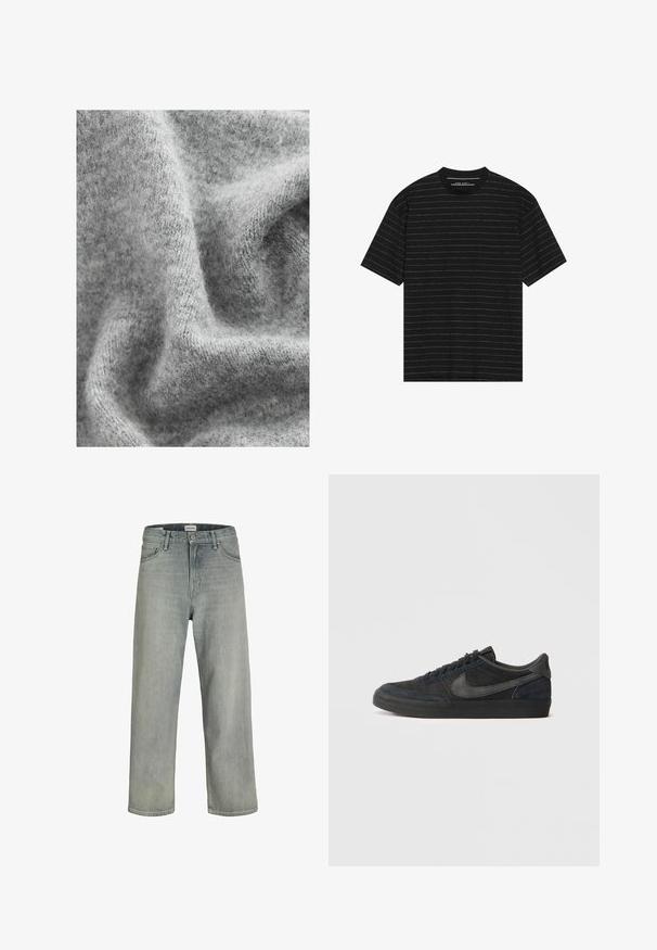 Harmaa neulekangas, jossa on pehmeä, teksturoitu pinta, hienovaraisia sävyvaihteluita ja hieman pörröinen ilme.; Musta lyhythihainen t-paita, jossa on ohuita valkoisia vaakaraitoja. Valmistettu pehmeästä kankaasta, jossa on pyöreä kaula-aukko ja rento istuvuus.; Vaaleanharmaat, löysät farkut, jotka on valmistettu denimistä. Ominaisuuksiin kuuluu klassinen viiden taskun muotoilu, vyölenkit ja suora lahjetyyli.; Musta suede lenkkarit matalalla profiililla, kumipohjalla, teksturoiduilla sivupaneeleilla ja sävyyn sointuvalla Nike Swoosh -logolla. Nauhat edessä, pehmustettu kaulus.