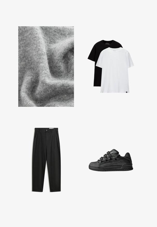 Grau gestrickter Stoff mit einer weichen, strukturierten Oberfläche, die subtile Farbvariationen und ein leicht verschwommenes Erscheinungsbild aufweist.; Zwei T-Shirts in normaler Passform, eines schwarz und eines weiß, aus Baumwolle. Jedes hat einen Rundhalsausschnitt und kurze Ärmel. Einfaches Design, ohne Muster.; Schwarze Baumwollhose mit lockerem Schnitt, ausgestattet mit einem klassischen Bund, vorderen Falten und Seiten taschen. Glatte Textur ohne Muster.; Schwarze Sneakers mit einem glatten Leder-Obermaterial, strukturierten Akzenten und runden schwarz-weißen Schnürsenkeln. Dicke Gummisohle mit einem gemusterten Profil.
