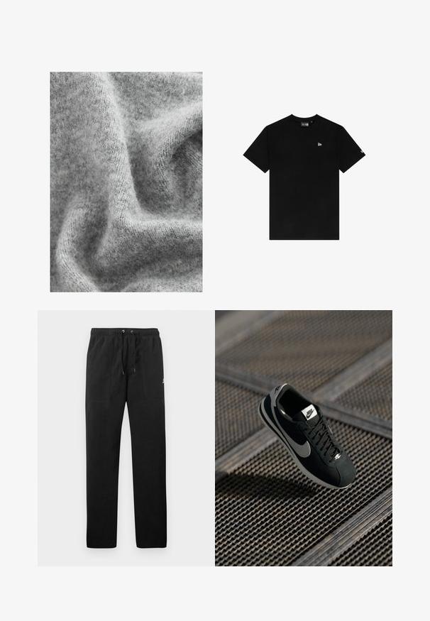 Gray knit fabric featuring a soft, textured surface with subtle variations in shade and a slightly fuzzy appearance.; Black cotton t-shirt with a crew neck, short sleeves, featuring a small white logo on the left chest and no additional patterns or accents.; Black sweatpants made of fleece, featuring an elastic waistband with drawstrings, two front pockets, and a small logo on the thigh.; Black Nike sneaker with grey accents, suede and mesh materials, textured sole, narrow shape, and classic lace-up design.