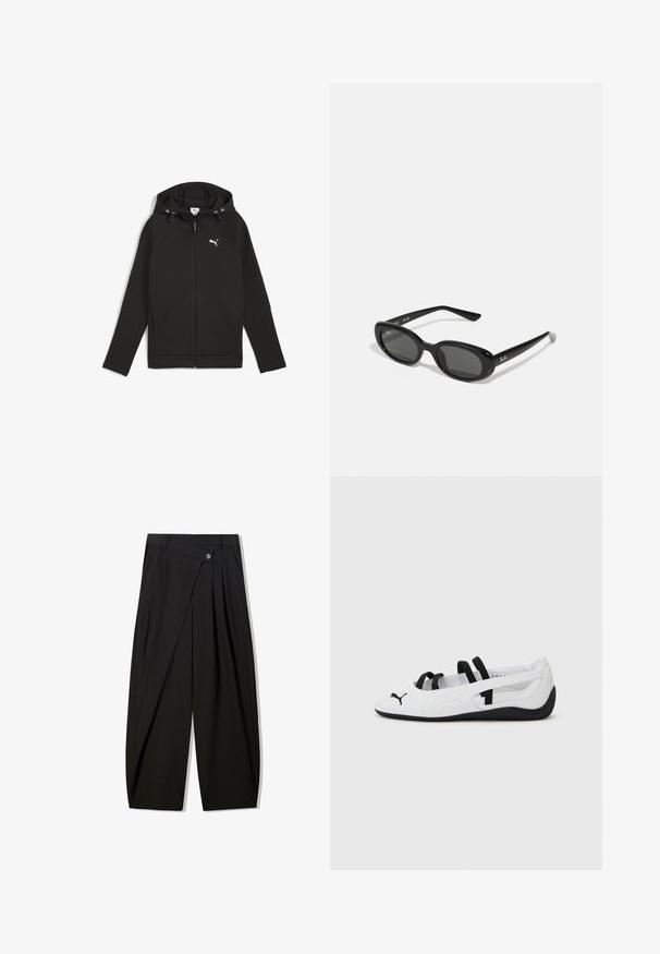 Felpa nera con zip completa, cappuccio con cordino e pannelli testurizzati sottili. Presenta un logo bianco sul petto e tasche frontali.; T-shirt bianco a maniche corte realizzato in morbido cotone. Design a girocollo con vestibilità rilassata. Nessun motivo o grafica visibile.; Pantaloni neri a gamba larga realizzati in tessuto morbido, con pieghe frontali, chiusura con bottone e un design sartoriale per una silhouette ben definita.; Scarpe da ginnastica bianche con accenti neri, dotate di punta arrotondata, fasce elastiche e suola in gomma testurizzata. Logo Puma sul davanti.; Occhiali da sole neri con lenti ovali, montatura in plastica lucida e stecche sottili. Presentano il logo Ray-Ban in bianco sul lato.; Borsa a tracolla in pelle nera con forma rettangolare, manico regolabile, texture liscia, design minimalista e logo del marchio goffrato in modo discreto.