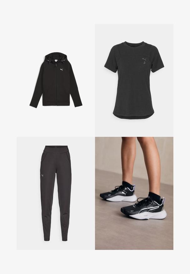Sudadera negra con cremallera completa, capucha ajustable y paneles texturizados sutiles. Presenta un logo blanco en el pecho y bolsillos delanteros.; Camiseta de rendimiento de manga corta negra, hecha de una tela suave y transpirable. Presenta un dobladillo redondeado y un logotipo sutil en la parte superior izquierda del pecho.; Leggings deportivos negros hechos de tela elástica, con una cinturilla alta, bolsillos laterales y un pequeño logo reflectante en el muslo izquierdo.; Zapatillas deportivas negras con acentos blancos, parte superior de malla, cordones y talón acolchado. Cuenta con una suela texturizada para mayor tracción.