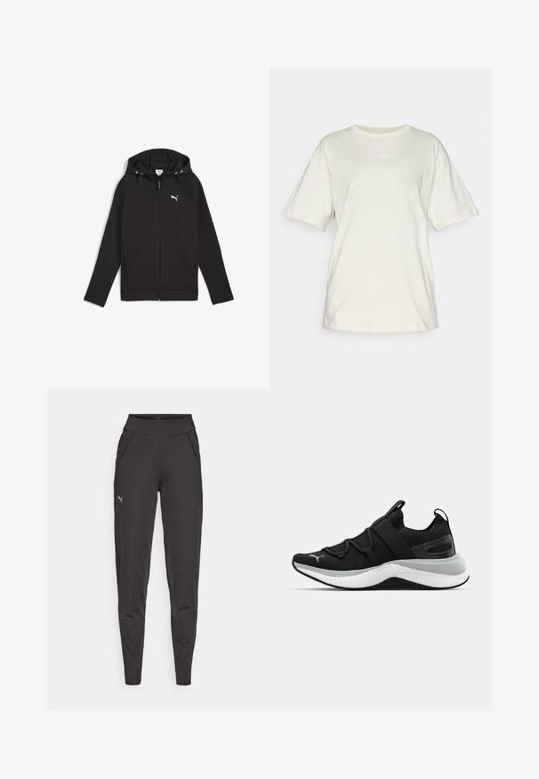 Sudadera negra con cremallera completa, capucha ajustable y paneles texturizados sutiles. Presenta un logo blanco en el pecho y bolsillos delanteros.; Camiseta de algodón color beige claro con mangas cortas, cuello redondo y un pequeño logo blanco de Puma centrado en el pecho. Ajuste suave y casual.; Leggings deportivos negros hechos de tela elástica, con una cinturilla alta, bolsillos laterales y un pequeño logo reflectante en el muslo izquierdo.; Zapato deportivo negro con parte superior texturizada, correas elásticas y una suela intermedia blanca gruesa. Presenta un acento gris a lo largo de la suela.