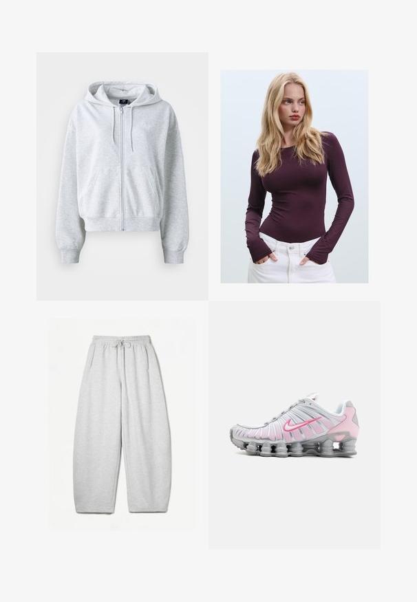 Svijetlosivi dukserica sa zatvaračem sprijeda, kapuljačom i dva prednja džepa. Ima rebraste manžete i donji rub, te suptilan logo na prsima.; Burgundska majica dugih rukava s uskim krojem, okruglim izrezom i otvorima za palčeve, u kombinaciji s bijelim hlačama visokoga struka. Glatka tkanina i rastezljiv materijal.; Svijetlosivi dukserica s opuštenim krojem, elastičnim pojasom, vezicom i bočnim džepovima; izrađeni od mekanog, teksturiranog materijala.; Nike atletska obuća u bijeloj i svijetlosmešanoj boji. Ima mrežasti gornji dio i karakterističnu zakrivljenu potplat s vidljivim zračnim jastučićima.