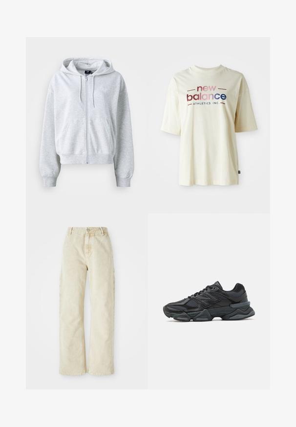 Hanorac gri deschis cu fermoar în față, glugă și două buzunare frontale. Are manșete și tiv ribbate, precum și un logo subtil pe piept.; Tricou din bumbac de culoare crem, cu mâneci scurte, având un design colorat al logo-ului "new balance" și textul "ATHLETICS INC.".; Pantaloni din denim bej cu croi larg și talie înaltă, având închidere frontală cu nasture și fermoar, curea pentru centură și buzunare laterale. Textură moale.; Pantofari de alergare negri, cu un amestec de plasă și materiale sintetice, talpă masivă, design curbat și branding proeminent pe lateral.