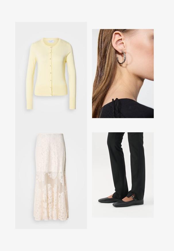 Vaaleankeltainen neuletakki, pitkät hihat, pyöreä kaulus, edessä nappisuljenta, ribbireunat hihoissa ja helmassa. Pehmeä neulekudos.; Musta hihaton paita, joka on valmistettu pehmeästä ja joustavasta kankaasta. Siinä on pyöreä kaula-aukko ja leveät olkaimet, muotoiltu siluetti ja sileä rakenne.; Kermakuvioinen midi-hame; siinä on kerroksellinen rakenne, läpinäkyviä osia, teksturoitua pitsiä ja levenevä helma.; Musta nahkakengät balettityylillä, kärjessä terävä muoto, hihna hopeasoljella, yhdistetty mustiin räätälöityihin housuihin, joissa on halkiohelma.; Hopea renkaankorvakoru kiiltävällä pinnalla, jossa on pieniä kultaisia yksityiskohtia ja pyöreä muoto, käytetty korvalla.