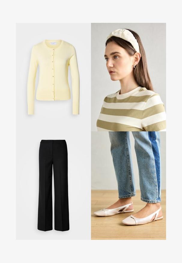 Svetložltý kardigán, dlhé rukávy, okrúhly výstrih, zapínanie na prednej strane s gombíkmi, rebrované manžety a lem. Mäkká pletená textúra.; Biele tričko s krátkymi rukávmi vyrobené z jemnej bavlny. Má okrúhly výstrih a voľný strih. Čistý dizajn bez viditeľných vzorov alebo akcentov.; Čierne široké nohavice z hladkej tkaniny, s vysokým pasom, zúženými švami a minimalistickým dizajnom. Žiadne viditeľné kovové prvky alebo vrecká.; Svetloružové slingback baleríny s jemne špicatou špičkou, vyrobené z hladkého materiálu pripomínajúceho kožu. Majú výrezové detaily na stranách a plochý opätok.; Krémová čelenka s vypchatím a vzorom vrkoča, skombinovaná s béžovo-bielym pruhovaným tričkom s okrúhlym výstrihom. Nápadné doplnky z jemného šperku.