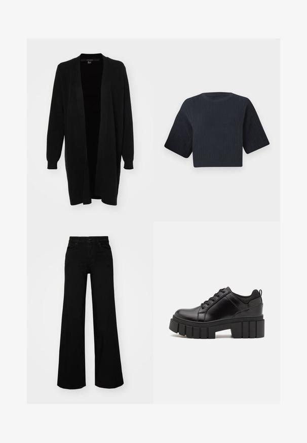 Musta neuletakki, jossa on pitkät hihat, avoin etuosa ja ribbauskuminauhat. Pehmeä pinta, minimaalinen muotoilu ja ei näkyviä kiinnityksiä.; Tumman laivastonsininen lyhyt neulepaita, jossa on röyhelötekstuuri, lyhyet leveät hihat ja pyöreä pääntie. Yksinkertainen muotoilu, ei näkyviä kuvioita tai yksityiskohtia.; Musta leveälahkeinen farkkupanta, jossa on rakenteellinen vyötärö, vyölenkit ja etutaskut. Sujuva rakenne klassisella muotoilulla.; Mustat nahkakengät, joissa on lättihenkinen korko, pyöreä kärki ja perinteinen nauhakiinnitys. Ominaisuuksiin kuuluu sileä pintakuvio ja minimaalinen yksityiskohtaisuus.