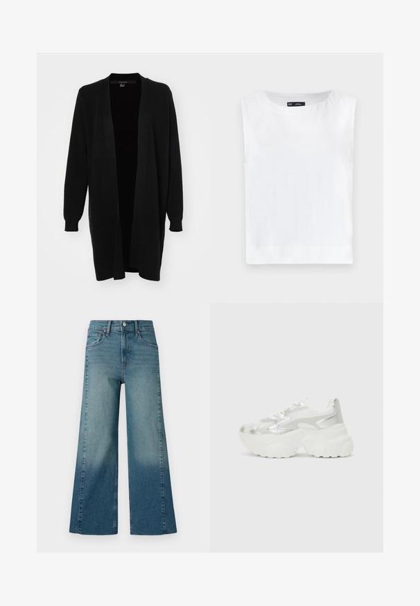 Cardigan nero con maniche lunghe, apertura frontale e polsini a coste. Texture morbida, design minimale e senza chiusure visibili.; Top bianco senza maniche con scollatura rotonda, realizzato in tessuto morbido. Orlo dritto senza motivi o decorazioni visibili.; Jeans a gamba larga in un lavaggio blu medio, con un effetto sfumato dal più scuro al più chiaro. Realizzati in denim con un design tradizionale a cinque tasche.; Sneaker argento con una tomaia in mesh testurizzato e accenti iridescenti, dotata di una suola bianca spessa e chiusura con lacci.
