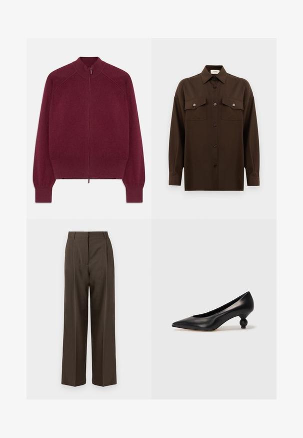 Burgunderfarbenes Zip-up Sweatshirt mit geripptem Kragen, Bündchen und Saum, flach vor einem weißen Hintergrund ausgestellt.; Dunkelbraunes Langarmhemd mit Knopfleiste, zwei Brusttaschen mit Klappe und klassischem Kragen, vor einem schlichten weißen Hintergrund präsentiert.; Braune weite Hosen mit einer glatten Textur, featuring einen hohen Bund, vorne Falten und einem taillierten Design. Keine sichtbaren Taschen oder Verzierungen.; Schwarze Leder-Pumps mit spitzem Zehenbereich und runder, ballförmiger Ferse. Glatte Textur mit einem eleganten, minimalistischen Design.