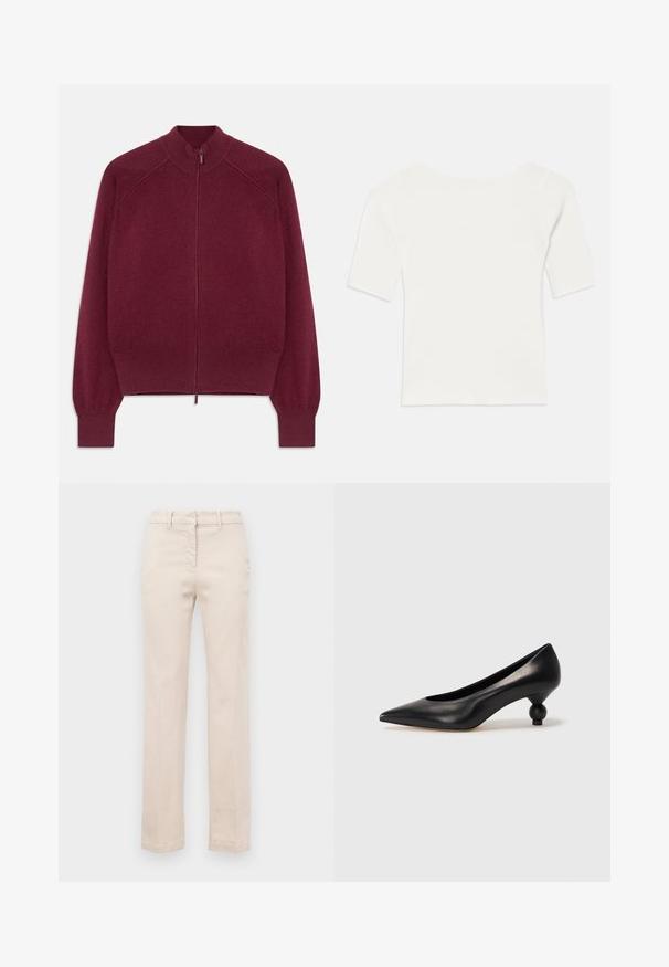 Bordeaux ritsweater met geribde kraag, manchetten en zoom, plat weergegeven tegen een witte achtergrond.; Witte ribben top met korte mouwen en een brede hals. De textuur heeft verticale strepen, die een snug fit en eenvoudig ontwerp benadrukken.; Beige katoenen broeken met een getailleerde pasvorm, rechte pijpen, een rits aan de voorkant en een gladde textuur. Voorzien van traditionele riemlussen.; Zwarte leren hoge hak schoen met een spitse neus en een ronde, bolle hak. Gladde textuur met een elegant, minimalistisch ontwerp.
