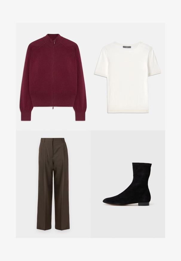 Burgundia värvi tõmblukuga särk ribidega kaela, varruka ja põhja juures, esitatud tasasel valgel taustal.; Valge lühikeste varrukatega soonikutega viimistletud ringkaelusega kampsun, millel on sile tekstuur.; Pruunid laiad püksid sujuva tekstuuriga, kõrge vöökohaga, eesmine voltide ja kohandatud disainiga. Pole nähtavaid taskuid ega kaunistusi.; Musthave mustan nahast pahkluu saabas, millel on kitsas vars, terav nina ja madal plokk-konts. Pehme tekstuur ja minimalistlik disain, sobib mitmekesiseks stiliseerimiseks.