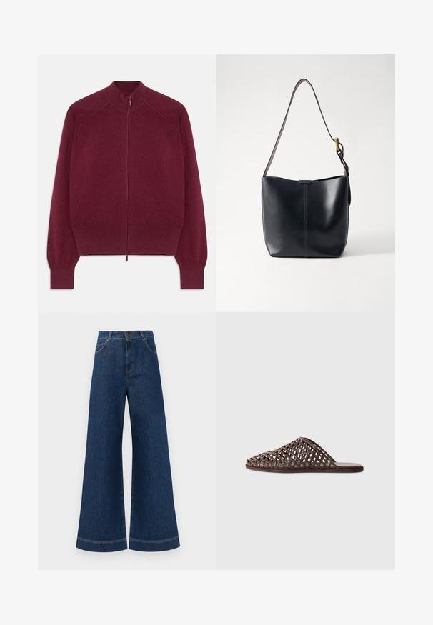Burgundy zip-up tröja med ribbad krage, ärm- och nederkant, visad liggande mot en vit bakgrund.; Vit kortärmad stickad topp med rund halsringning, med en jämn textur och subtila randiga detaljer vid ärmarna och fållen.; Bredda blå denimjeans med hög midja, med knappstängning, bältesögglor och subtila sömdetaljer längs fickorna och fållarna.; Brun vävd slide sandal med rund tå, öppen design, platt sula och texturerad yta. Lätt material och minimalistisk silhuett.; Svart läder axelväska med en slät yta, som har ett tunt, långt band och en subtil sömdetalj nedtill i mitten.