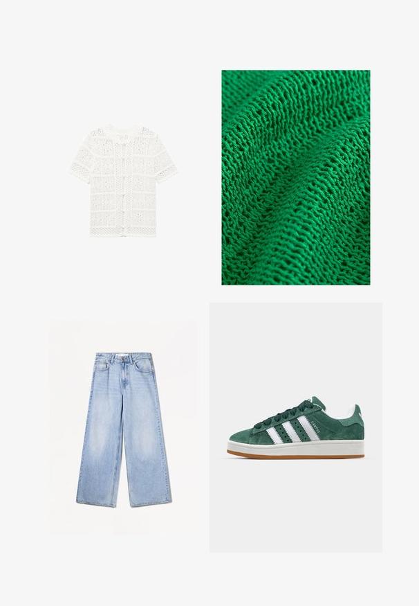 Bela pletena majica s kratkimi rokavi z teksturiranim odprtim vzorcem in gumbom za zapiranje spredaj. Naraven kroj s ravnim robom in okroglim izrezom.; Zeleno pleteno tekstilo, ki se ponaša s teksturiranim vzorcem z ohlapnim in odprtim tkanjem, ki prikazuje fine nitke in več vidnih šivov.; Bershka WIDE-LEG - Široke hlačnice - light-blue denim; Zeleni semiš športni copat z belimi usnjenimi črtami, gumijastim podplatom, oblazinjenim ovratnikom in minimalističnim dizajnom. Na strani je oznaka blagovne znamke.