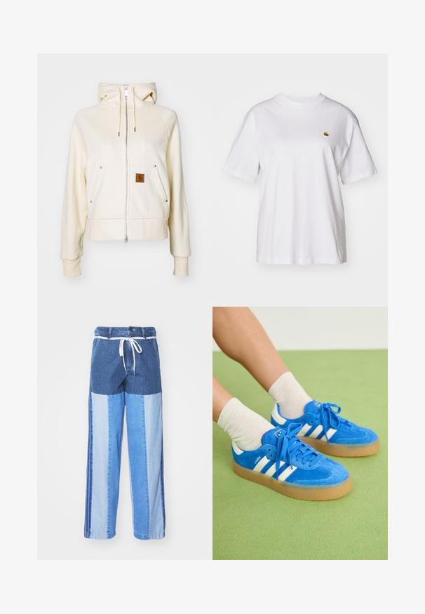 Kremo spalvos zip-up hoodis, pagamintas iš švelnios medžiagos, su aukštu kaklu, dviem priekinėmis kišenėmis ir mažu rudu logotipu ant kairės kišenės.; Balta medvilnė marškinėliai su laisvu sijonu, trumpomis rankovėmis ir maža siuvinėta logo kairėje krūtinės pusėje.; Mėlyni džinsiniai aptiniai su įvairių atspalvių mėlyno audinio intarpais, su tamprių juosmeniu ir laisvais, tiesiais kirpimais.; Mėlyni zomšiniai sportbačiai su baltais dryžiais, guminiu padu, apvaliu pirštu ir audiniais raišteliais. Derinami su kremine spalvos kojinėmis ant žaliavos.