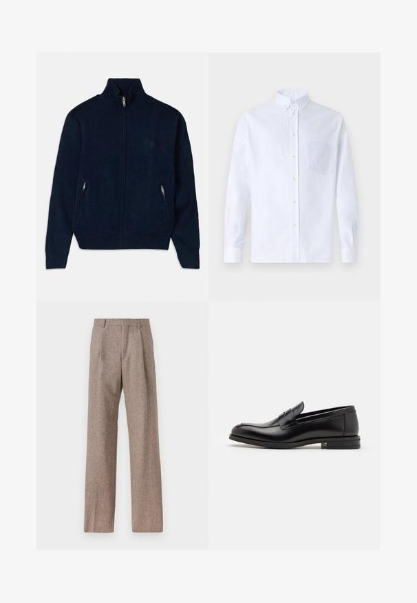 Tengerészkék cipzáras pulóver magas gallérral, két oldalsó cipzáras zsebbel és sima textúrájú anyaggal. Diszkrét logó található a mellkasán.; Fehér, hosszú ujjú, gombos ing pamutból, mellzsebbel, tónusos hímzéssel, gallérral és gombos mandzsettával.; Barna, magas derekú nadrág texturált anyagból. Széles szárai és két elülső redője biztosítja a struktúrát. Ízléses kivitel, látható fémszerelés nélkül.; Fekete bőr loaferek sima textúrával, kerek orral és dekoratív pánttal a vampnál. Alacsony, rétegelt sarkú, minimalista dizájn.
