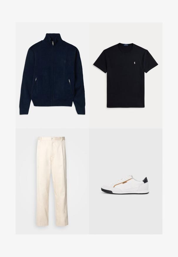 Sweater azul-escuro com fecho, tendo um colarinho alto, dois bolsos laterais com fecho e um tecido de textura suave. Apresenta um logótipo discreto no peito.; Camiseta preta de algodão com decote redondo, mangas curtas e pequeno logótipo bordado no lado esquerdo do peito. Textura suave.; Calças de algodão bege com corte reto, apresentando um fecho de botão e pregas na frente para um detalhe adicional.; Tênis atléticos brancos com detalhes em malha e couro. Apresenta um logotipo dourado "BOSS", painéis laterais texturizados e um capô de calcanhar preto. Sola em borracha.