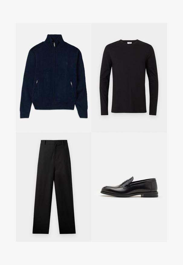 Mornarska zip-up jopica z visokim ovratnikom, dvema stranskima zadrgama in gladkim teksturiranim materialom. Ima subtilen logo na prsih.; Črn dolgrokavnik iz bombaža, z okroglim izrezom in preprostim dizajnom brez vidnih vzorcev ali okraskov.; Črne hlače iz bombaža s ravno nogo obliko, ki imajo sprednji gumb in stranske žepe. Gladka tekstura, brez vzorcev.; Črne usnjene loafer čevlje z gladko teksturo, zaobljenim nosom in dekorativnim trakom čez zgornji del. Nizka zložena peta, minimalističen dizajn.