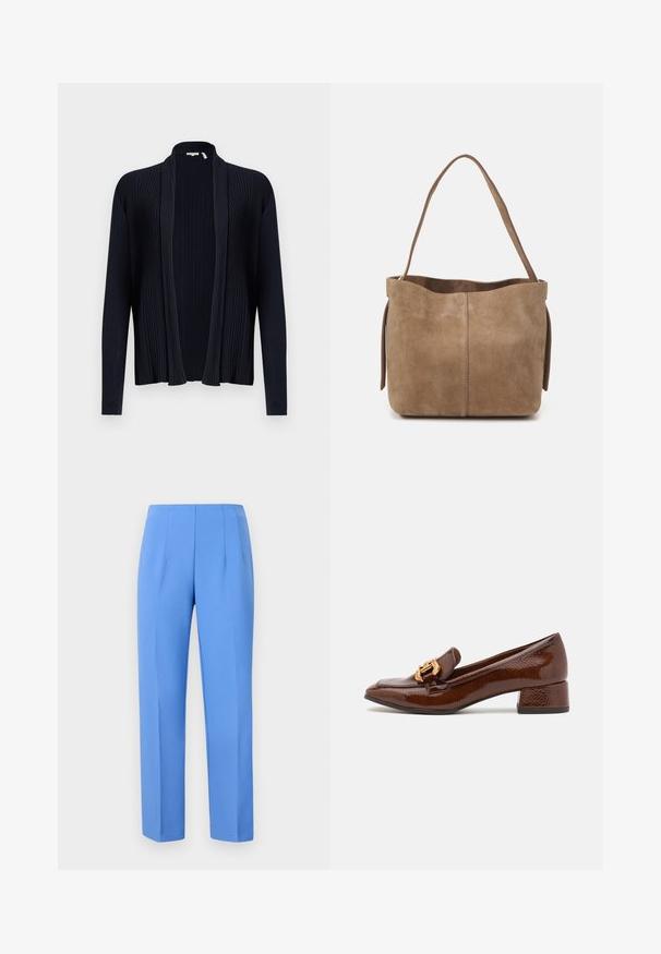 Tmavomodrý kardigán s rebrovanou textura, voľný strih, dlhé rukávy a šálový golier. Má hladkú, elastickú látku.; Biely blúzka s gombíkmi a volánovým golierom, vertikálnymi prúžkami a textúrovanou látkou. Má elastické vypuklé rukávy so čipkovým lemom.; Modré nohavice na mieru z hladkej tkaniny so bočnými skladmi, s rovým strihom a čistým pásom. Žiadne viditeľné kovové prvky ani vzory.; Hnedé kožené loafers s lesklým povrchom, s dekoratívnym zlatým prackom na prednej strane a nízkym blokovým podpätkom. Klasický dizajn.; Hnedá semišová taška cez rameno s jemnou textúrou, otvoreným vrchom a jedným ramenným popruhom. Disponuje hladkým povrchom a minimálnym detailovaním.