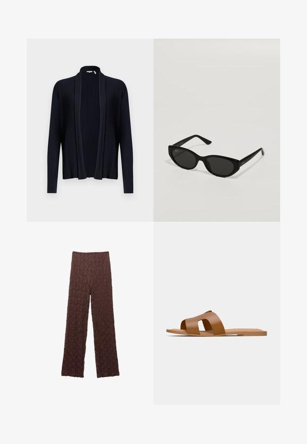 Dunkelblauer Cardigan mit gerippter Struktur, offenem Vorderteil, langen Ärmeln und Schalkragen. Aus einem glatten, dehnbaren Stoff gefertigt.; Braune Spitzenbluse mit langen Ärmeln, floralem Muster, Knopfverschluss und Kragen. Durchsichtiger Stoff, verkürzte Saumlinie und detailliertes Blumenmuster.; Braune, strukturierte Hose mit gewellter Oberfläche, weitem Bein und einem elastischen Bund. Der Stoff wirkt weich und leicht dehnbar.; Braune flache Sandalen mit breiten, überkreuzten Riemen aus glattem synthetischen Material und einer flachen, minimalistischen Sohle.; Schwarze Sonnenbrille in schmaler Katzenaugenform. Aus glattem Kunststoff gefertigt, mit dunklen Gläsern und dezenten Logo-Akzenten an den Bügeln.; Geflochtene Strohttasche mit geflochtener Textur, dunkelbraunen Ledergriffen und Boden, breiter runder Form und offenes Oberteil.; Weißer Haarklammer in Form einer Blume mit einem hellgelben Farbverlauf, ausgestattet mit einem Federmechanismus und einer glatten Kunststoffoberfläche.