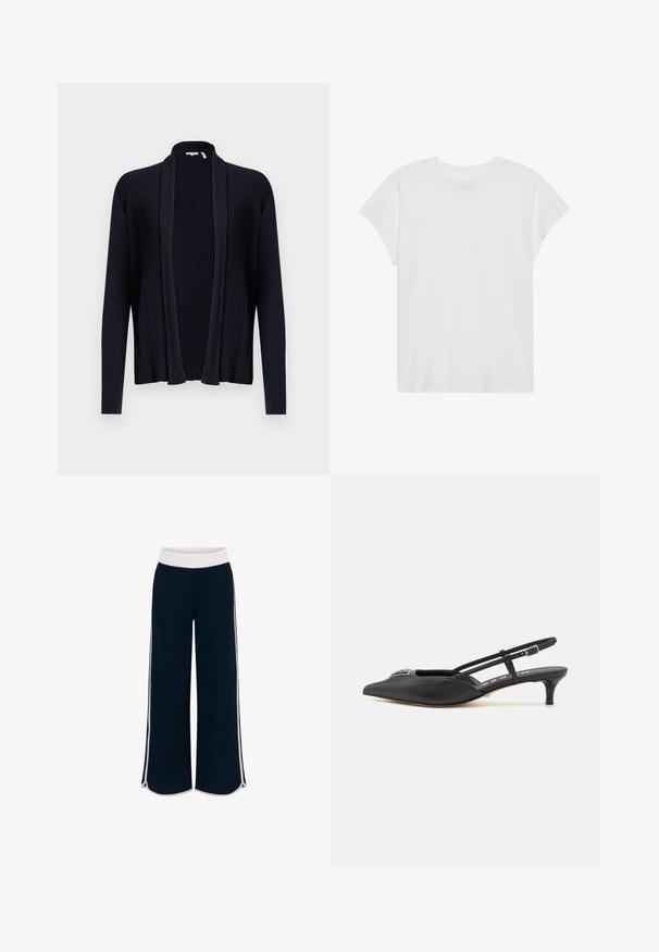 Tmavě námořnický kardigan s žebrovanou strukturou, otevřeným předním dílem, dlouhými rukávy a šálovým límcem. Má hladký, elastický materiál.; Bílá krátkosrstá tričko s kulatým výstřihem, volný střih, vyrobené z měkké bavlněné tkaniny. Hladký povrch, bez vzorů nebo log.; Námořnické kalhoty širokého střihu s bílým elastickým pasem a kontrastními bočními pruhy. Hladká textura s uvolněným střihem a bočními rozparky na lemu.; Černé sandály s páskem za patou a špičatou špičkou, vyrobené z hladkého materiálu, se spodním podpatkem a dekorativním stříbrným akcentem na nártu.