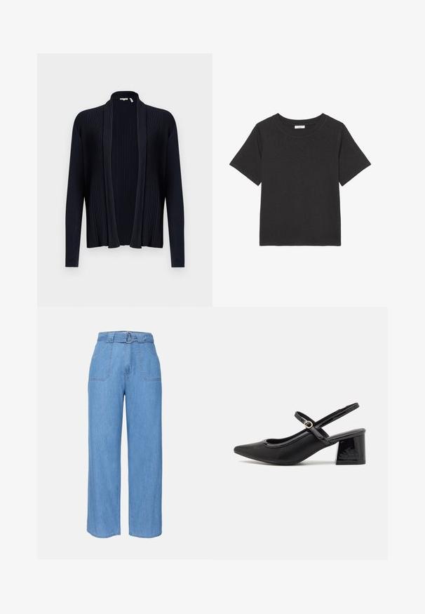 Donker marineblauwe cardigan met geribbelde textuur, open voorkant, lange mouwen en een sjawlboord. Heeft een gladde, rekbare stof.; Zwarte t-shirt van zachte stof, met een ronde halslijn en korte mouwen. Het ontwerp is eenvoudig zonder zichtbare patronen of accenten.; Lichtblauwe denim broek met wijde pijpen, een ceintuur in de taille, twee voorzakken en een effen structuur. Heeft een minimalistisch ontwerp en strakke lijnen.; Zwarte gepolijste leren slingback hakken met een spitse neus, een ronde uitsnede en een blokhak. Voorzien van een gouden gespaccent.