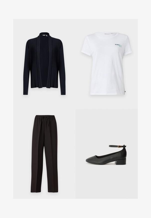 Cardigan bleu marine foncé avec texture côtelée, devant ouvert, manches longues et col châle. Fabriqué avec un tissu lisse et extensible.; T-shirt en coton blanc à manches courtes, avec "SUMMER CLUB" brodé en turquoise et vert sur la partie gauche de la poitrine. Encolure ronde classique.; Pantalons larges noirs avec une taille élastique et un cordon de serrage ajustable. Fabriqués en un tissu léger et lisse sans motifs visibles.; Escarpin en cuir noir avec un bout pointu et un petit talon bloc. Doté d'une bride de cheville avec une boucle dorée. Texture lisse.