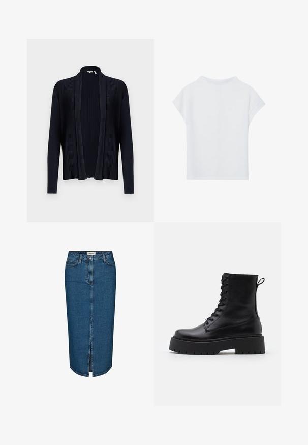 Cardigan bleu marine foncé avec texture côtelée, devant ouvert, manches longues et col châle. Fabriqué avec un tissu lisse et extensible.; Haut blanc à manches courtes, offrant une coupe décontractée, une texture légère et un col rond. La vue arrière montre un design simple et lisse.; Jupe crayon en denim bleu foncé, avec une fente avant, cinq poches et des coutures contrastées. Taille mi-haute avec un design classique.; Bottines en cuir noir avec un bout rond, un laçage à l'avant et une épaisse semelle en caoutchouc dotée d'un motif texturé. Tirer au dos.
