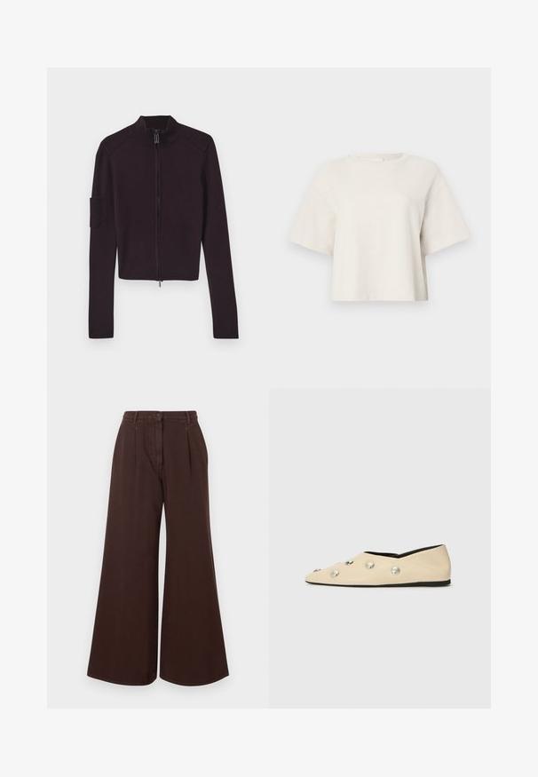 Sweater preto com fecho de correr e gola alta, com detalhes canelados nos ombros e um bolso de remendo na manga esquerda. Material de malha macia.; T-shirt cropped de cor creme, feita de tecido canelado, com decote redondo e mangas curtas, apresentando um ajuste descontraído.; Calças largas de cintura alta, castanhas, com fecho de botão e zíper, passantes para cinto e pregas frontais.; CLOSED Sabrinas - ecru