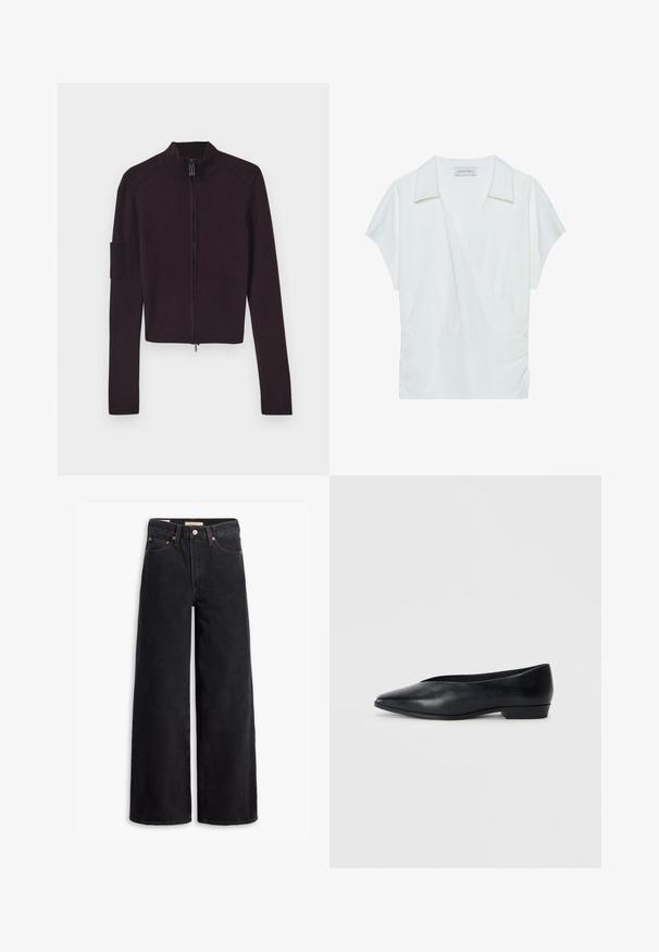 Must mustaga, millel on kõrge krae, ribakujundus õlgadel ja paigutustasku vasakul varrukal. Pehme kootud materjal.; Valge kaelusega ümber lillede pluus, mis on valmistatud siledast kangast, lühikeste varrukatega ja suurepäraselt kogutud vöökoht, tagades mugava lõike.; Mustad laiad teksad, mis on valmistatud denimist, viie tasku, vase nuppe ja klassikalise nööbiga kinnitusega. Sile tekstuur ja puhas disain.; Must musta korter king, millel on terav nina, veidi tõstetud konts ja sile pind. Lihtne disain, kus pole nähtavaid detaile ega mustreid.