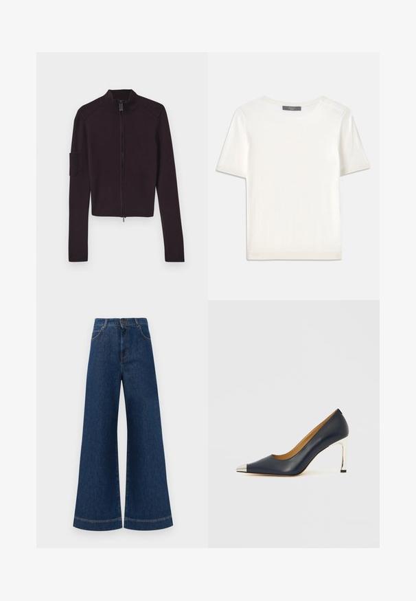 Melna jaka ar rāvējslēdzēju un augstu apkakli, ar ribotu akcentu uz pleciem un kabatu uz kreisā piedurknes. Mīksts adījuma materiāls.; Balta īsām piedurknēm adīta blūze ar apaļu kakla izgriezumu, kurai ir gluda tekstūra un smalki riboti akcenti pie piedurknēm un apakšmalas.; Plati ziladenim bikses ar augstu jostasvietu, kas aprīkotas ar pogas aizdari, jostu cilpām un nelieliem šuvju detalizējumiem ap kabatām un malām.; Tumši zila ādas augstpapēžu kurpe ar smailu purngalu, kas izceļas ar sudrabotu metālisku uzgali un spīdīgu sudraba stilettos papēdi.