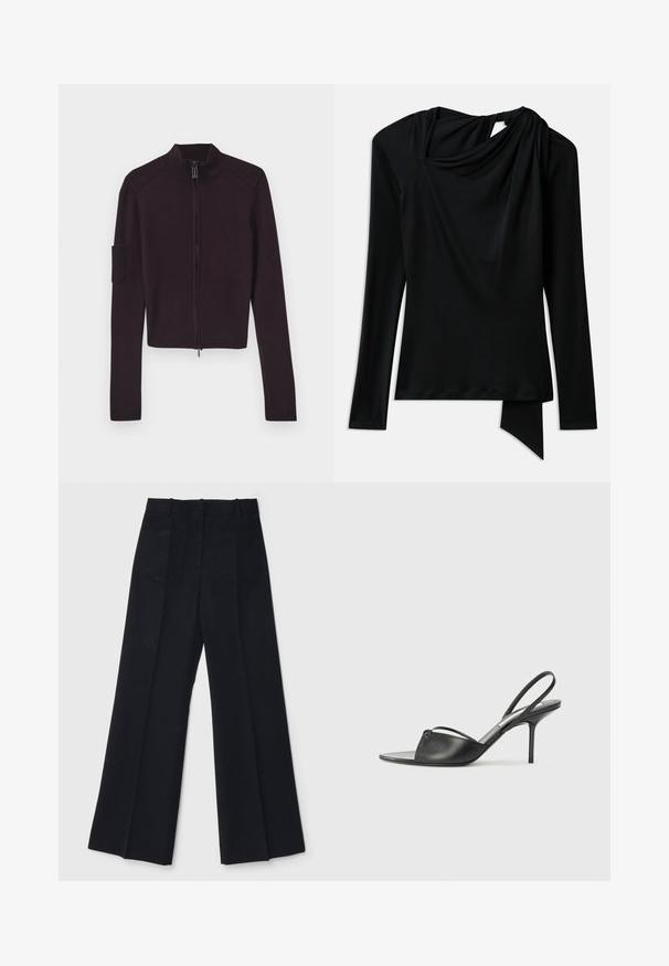 Pulover negru cu fermoar, cu guler înalt, accente côtelate pe umeri și o carcasă pe mâneca stângă. Material moale din tricot.; Cămașă neagră cu mânecă lungă, dintr-un material fin, având un decolteu drapat, un tiv asimetric și un detaliu decupat la spate.; Pantaloni largi negri, confecționați dintr-un material neted, cu talie înaltă, două buzunare la spate și pliseuri subtile în față pentru un plus de formă.; Cizme cu toc înalt din piele neagră, cu vârf ascuțit, curea subțire la glezne și toc stiletto. Prezintă un detaliu legat pe vamp.