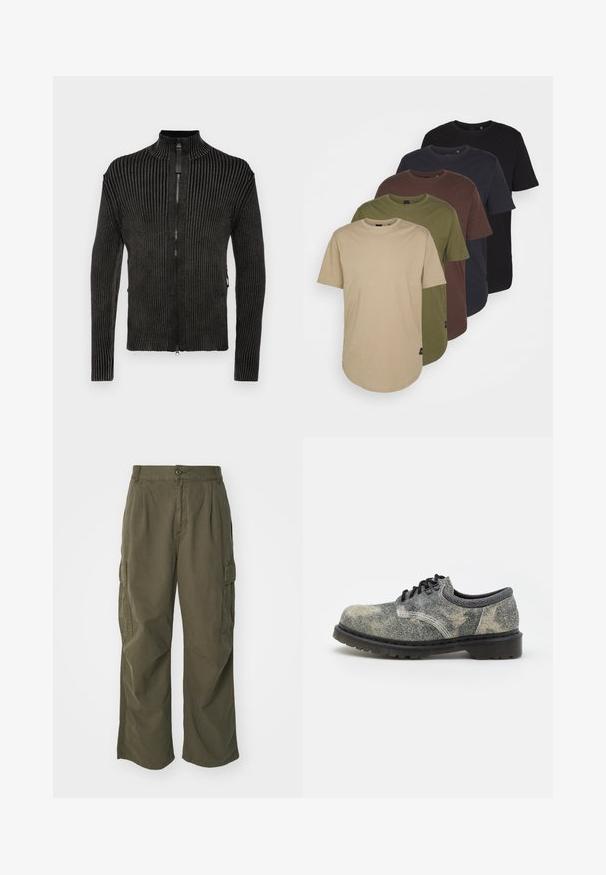 Replay Kardiganas - black; Penki marškiniai su trumpomis rankovėmis ir apykakle, išdėstyti gradientine spalvų seka: smėlinė, alyvinė, ruda, tamsiai mėlyna ir juoda. Pagaminti iš minkštos medvilnės.; Olive žalių spalvos krovinių kelnės, pagamintos iš medvilnės, su plačiomis kojomis, raukšlėmis ir šoninėmis kišenėmis praktiškumui.; Šnaruojamos batai, pagaminti iš tekstūruoto pilko audinio su juodais akcentais, storu guminio pado ir baltais siuvimo akcentais. Suapvalinta pirštų forma.
