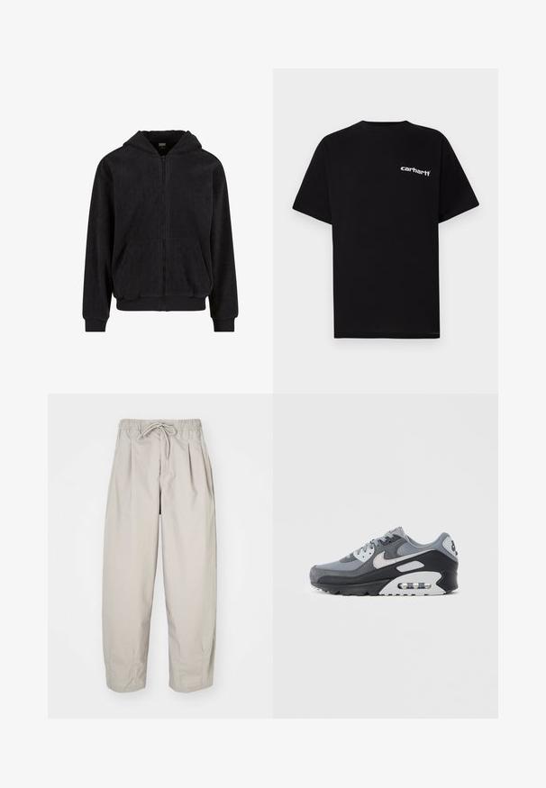 Must värviga tõmblukuga kapuutsiga dressipluus, millel on tekstureeritud muster, kaks esimest taskut ja soonikkoes varrukad ning alläär. Valmistatud pehmest kangast.; Mustast puuvillast lühikeste varrukatega t-särk, ümara kaelusega ja valge "Carhartt" logoga vasakul rinnal. Sile tekstuur, minimalistlik disain.; Beeži, kerged püksid elastse vöökoha ja nööriga. Omavad voldikuid ja laia istuvust, valmistatud pehmest, siledast kangast.; Hall hallitossud, mis on valmistatud võrgust ja seemisnahast, musta tallaga ja nähtava õhunõrega. Märgatavad helehallid aktsendid ja paelad.