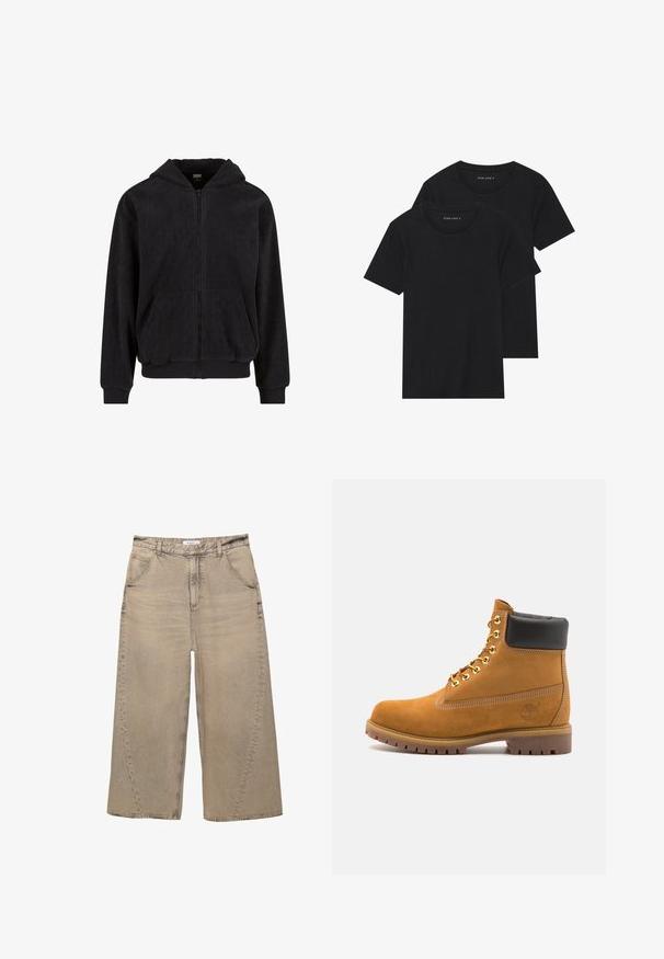 Črna zip-up kapuca z teksturiranim vzorcem, ki ima kapuco, dva sprednja žepa ter rebraste manšete in rob. Narejena iz mehkega blaga.; Dve črne bombažne majice s kratkimi rokavi, okroglimi ovratniki in gladko teksturo, prikazane zložene skupaj.; PULL&BEAR MEGA BAGGY - Vrečaste kavbojke - light grey; Svetlo rjave anklne čizme iz semiša z črnim oblazinjenim ovratnikom, zlatimi kovinskimi očesci, belimi šivi in robustnim gumijastim podplatom s izrazitimi tredi.