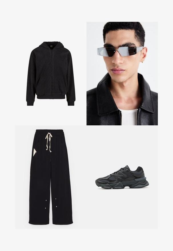 Černá zipová mikina s kapucí a texturovaným vzorem, obsahující dvě přední kapsy a žebrované manžety a lem. Vyrobena z měkké látky.; Černé tričko s krátkým rukávem vyrobené z bavlny, s kulatým výstřihem a volným střihem. Hladká textura s minimálními švy.; Černé široké kalhoty vyrobené z měkké tkaniny, které mají stahovací pas, boční kapsy a trojúhelníkovou kapsu. Součástí jsou detaily ze stříbrného kovu.; Černá běžecká bota s kombinací síťoviny a syntetických materiálů, masivní podešev, zakřivený design a výrazné logo na boku.; Avenované sluneční brýle se šedým nádechem a stříbrnými doplňky, umístěné na světlém pozadí. Skla mají jedinečný geometrický tvar.