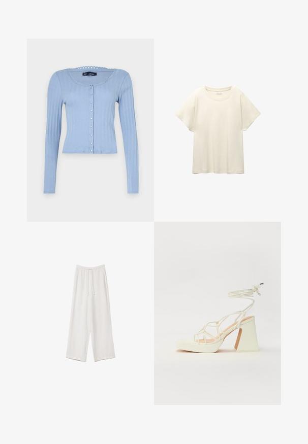 Svijetloplavi rebrasti kardigan s dugim rukavima, okruglim izrezom sa valovitim rubom i kopčanjem na dugmad s malim dekorativnim dugmadi.; Svijetlo bež majica kratkih rukava s okruglim izrezom, izrađena od meke, glatke tkanine. Karakterizira je opušteni kroj i ravni rub.; Bijele hlače širokih nogavica napravljene od lagane tkanine. Imaju elastičan pojas s ušicom i bočne džepove. Glatka tekstura.; Bijela sandala na visokoj potpetici s debelim petom, s remenom i vezanjem oko gležnja. Glatka tekstura s platformom sprijeda za dodatnu visinu.