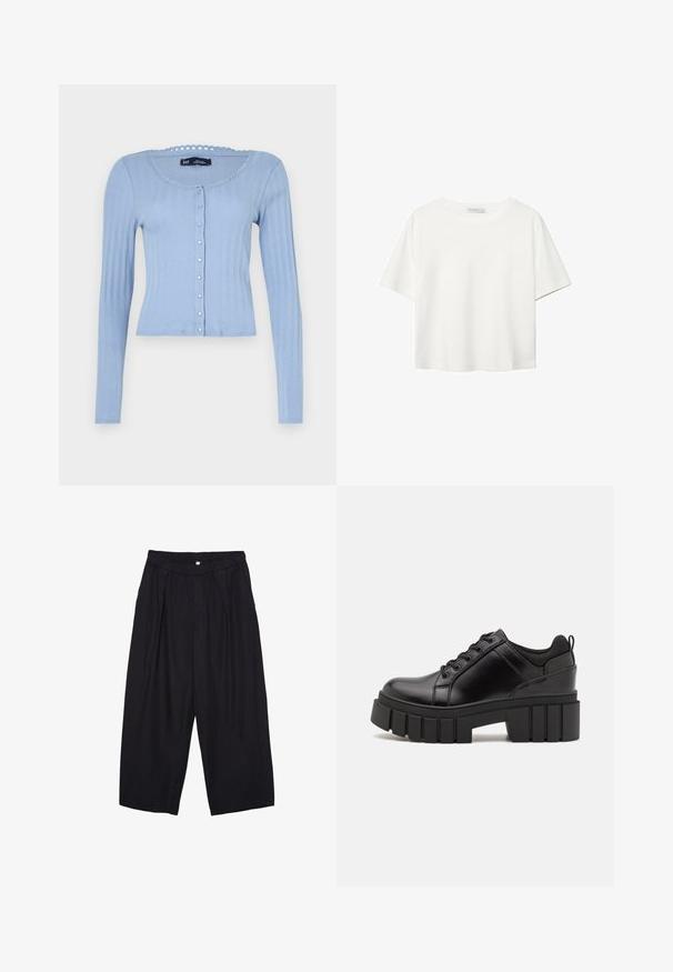 Jasnoniebieski kardigan z prążkowanej dzianiny, z długimi rękawami, okrągłym dekoltem z falbanką oraz zapięciem na guziki z małymi ozdobnymi guzikami.; Biała koszulka z krótkim rękawem, wykonana z bawełny. Posiada okrągły dekolt i luźny krój. Gładka faktura bez widocznych wzorów czy akcentów.; Czarne spodnie culotte z poliestru z elastycznym pasem, dwoma fałdami z przodu i luźnym krojem. Brak widocznych wzorów lub elementów metalowych.; Czarne skórzane buty na platformie z masywnym słupkowym obcasem, okrągłym noskiem i klasycznym sznurowaniem. Posiadają gładką teksturę i minimalne wykończenia.