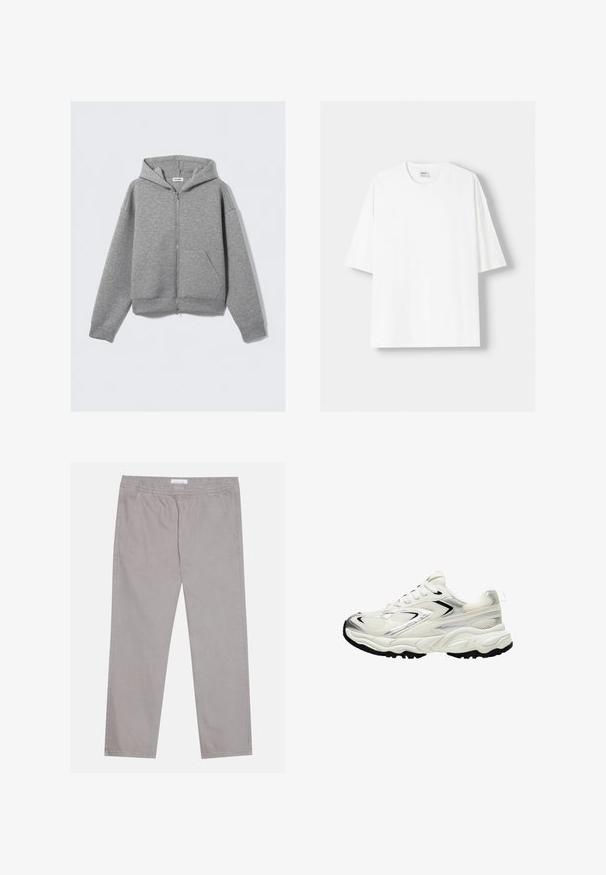 Grey zip-up hoodie with a front zipper, large kangaroo pockets, long sleeves, and a drawstring hood in soft, textured material.; White short-sleeved t-shirt made from cotton, featuring a round neckline and a relaxed fit. Smooth texture, with no visible patterns or accents.; Light gray cotton pants with an elastic waistband, two side pockets, straight leg design, and a smooth texture. Simple stitching detail.; White sneaker with a mesh upper, silver accents, black sole, and textured panels. Features lace-up design and rounded toe shape.